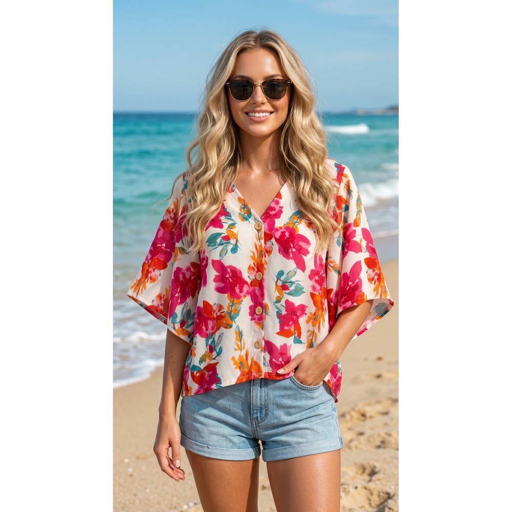 SHEIN Floral Kimono Sleeve Button Front Blouse Pink Orange Boho Top Medium